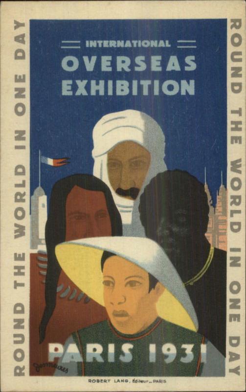 1931 Oversea Exhibition Paris Poster Art Deco Ethnic Black Indian Chinese PC