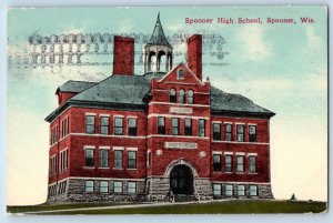 Spooner Wisconsin WI Postcard Spooner High School Building Exterior 1916 Vintage