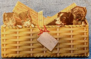 Kittens and Puppies in Basket 4x6 Advertising Burnhams Detroit Store Die cut