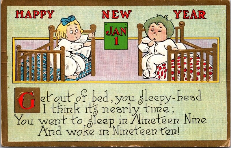 New Year Postcard Boy and Girl Wake Up to See Calendar Change to Jan 1