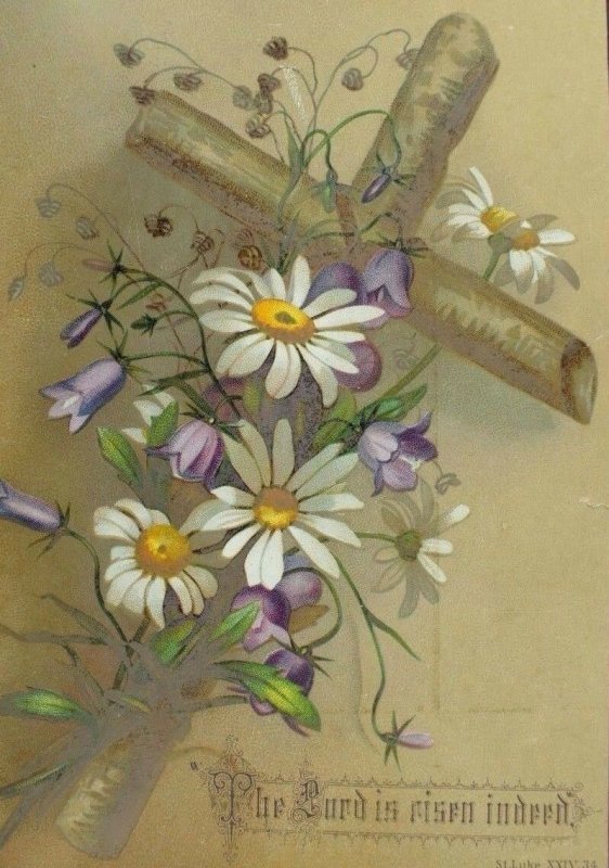 1870's-80's Victorian Easter Trade Card Cross & Flowers Daisies Wildflowers &C