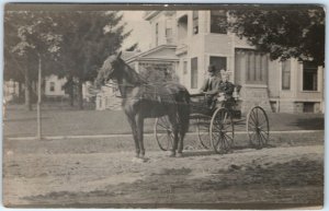 c1900s Father Daughter Horse Carriage RPPC Victorian House Real Photo Dirt A135