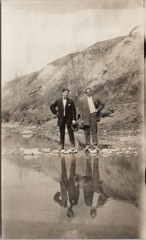 Two Young Men in Suits Portrait Reflection in Water Unused RPPC Postcard F97