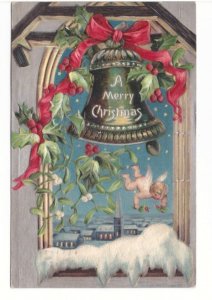 A Merry Christmas, Baby Angel, Holly, Bell, Vintage 1907 Embossed Postcard