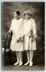 RPPC Girls w/Wrist Corsages~Wedding?~White Dresses~Straight & Shaggy Hair* 1920s