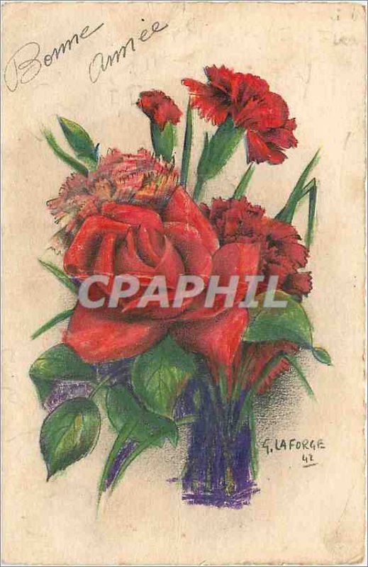 Old Postcard Happy New Year Flowers