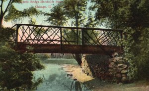 Vintage Postcard 1910 View of Rustic Bridge Humboldt Park Chicago Illinois ILL