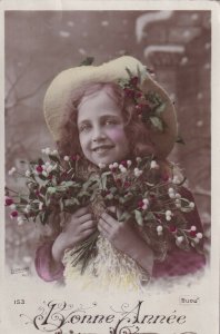 RP: NEW YEAR, PU-1910; Bonne Annee, Smiling girl hugging Holly bush