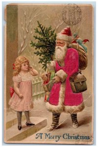 Seneca Falls NY Postcard Christmas Little Girl And Santa Claus Sack Of Toys Silk