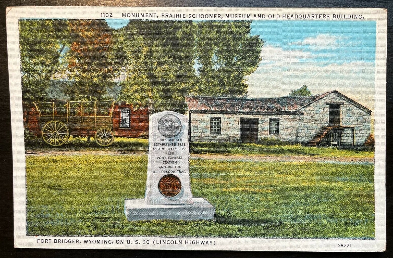 Vintage Postcard 1935 Prairie Monument Schooner Museum Fort Bridger Wyoming United States