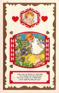 c.1921, Little Girl Watering a Crop of Hearts,  Flowers, Valentine, Old Postcard