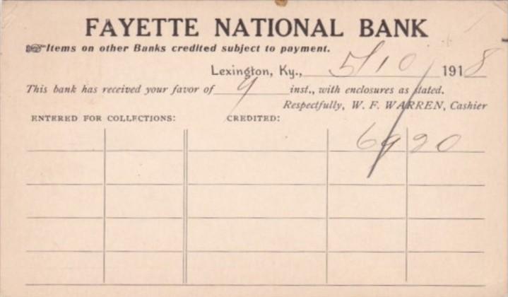 Receipt Fayette National Bank Lexington Kentucky 1918