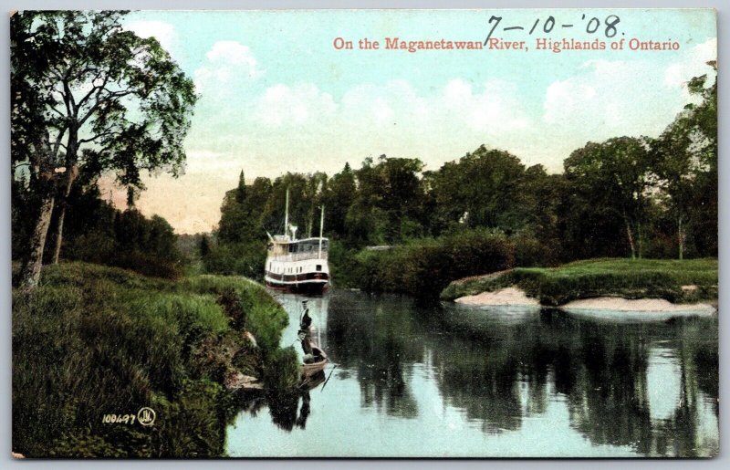 Postcard c1908 On The Magnetawan River Highlands of Ontario Steamer Canoe PSD