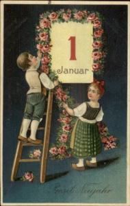 New Year - Kids Decorate Calendar Page GERMAN c1910 Postcard