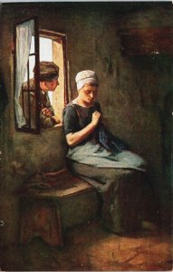 Woman is Knitting Man Looks In through the Window Vintage Postcard C219