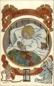 New Year - Little Boy in Bed Sets Alarm Clock c1910 Postcard