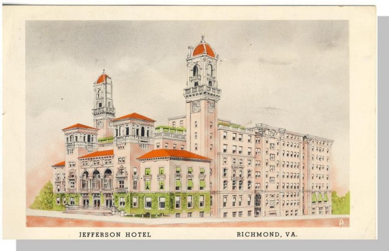 Classic Richmond, Virginia/VA Postcard, Jefferson Hotel,1954