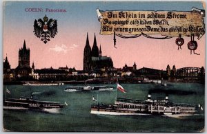 Coeln Panorama Boats and Ships Castles Buildings Cologne Germany Postcard