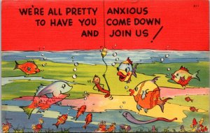 Postcard Comic Fishing worm - come down and join us