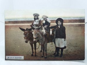 Children on Donkeys at Blackpool Beach Lancashire Vintage Postcard c1910