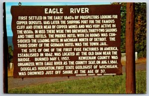 Parks~History of Eagle River Sign Douglass Houghton Memorial~Vintage Postcard