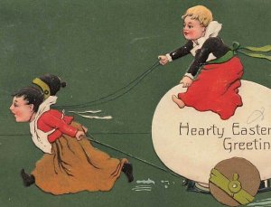 c1910 Fantasy Girls Children Pulling Riding Egg Cart Germany Easter P355 