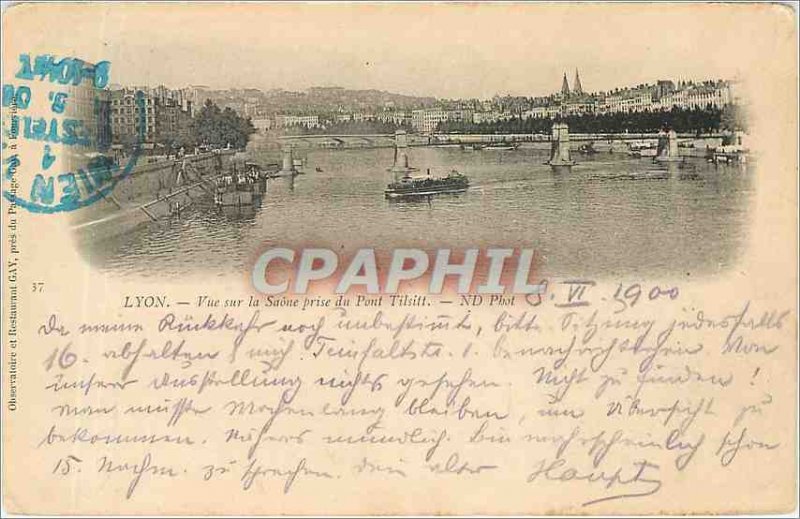 Old Postcard Lyon - View of the Saone prisde Bridge Tilsit Map 1900 Boat