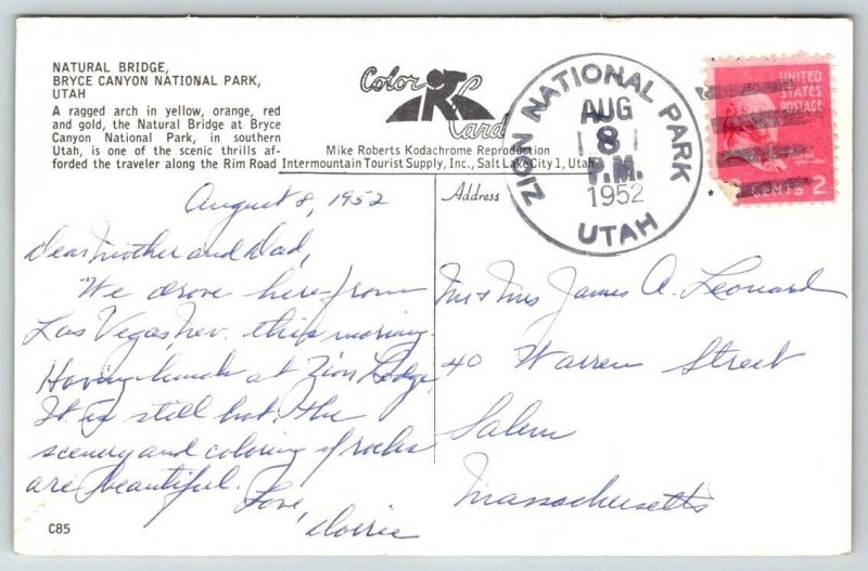 1952  Bryce Canyon National Park  Utah  Natural Bridge   Postcard