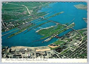 American & Canadian Locks, Bridge, Aerial View, Sault Ste Marie ON 1973 Postcard
