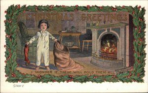 FC Lounsbury Christmas Little Girl at Fireplace Holly Border Vintage Postcard