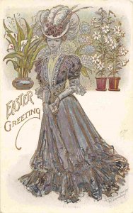Woman Gold Highlights Dress Hat Easter Greetings Artist Lounsbury 1907 postcard