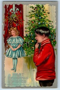 Christmas Postcard Children Girl Under Mistletoe Embossed c1910's Antique