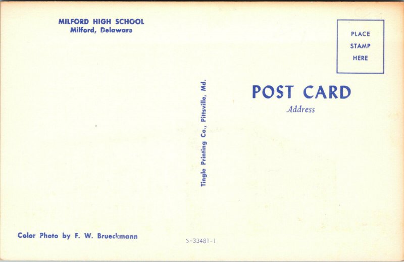 Vtg 1950s Milford High School Milford Delaware DE Unused Chrome Postcard