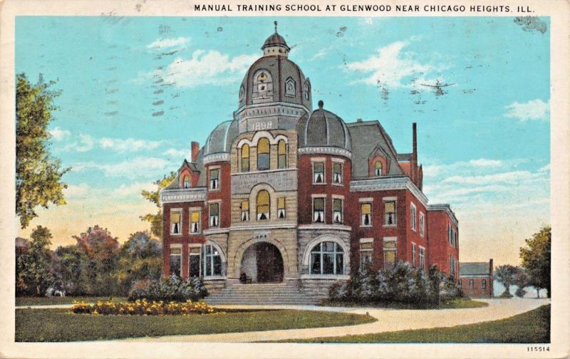 GLENWOOD-CHICAGO HEIGHTS ILLINOIS~MANUAL TRAINING SCHOOL POSTCARD 1934 PSMK