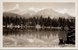 Jasper AB Pyramid Mountain & Point Jasper Park Lodge Johnston RPPC Postcard G90