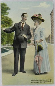 Man Points the Way, Madison Park to Young Pretty Woman - Vintage Postcard