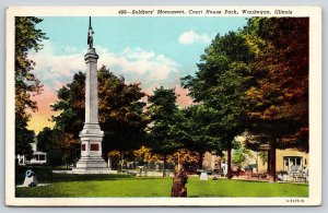 Waukegan Illinois~Soldiers Monument @ Court House Park~PM 1949 Linen Postcard