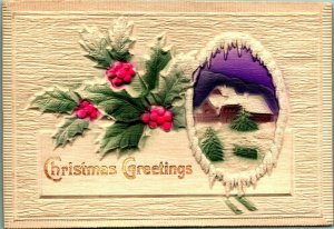 Christmas Greetings Holly Icicles Airbrushed High Relief Embossed Postcard C4