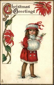 Tuck Christmas Children Little Girl Fur Muff Poinsettia Border c1910 Postcard