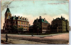 VINTAGE POSTCARD RAIL LINE ALONGSIDE THE COUNTY HOSPITAL AT CHICAGO ILL 1908