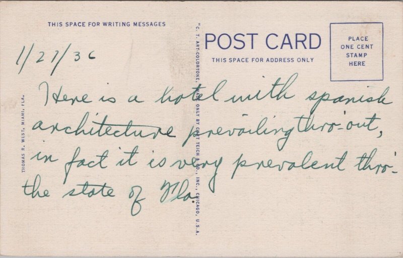 Pancoast Hotel Miami Beach Florida Linen Postcard C242