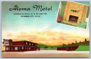 K38/ Heber City Utah Postcard Linen Aloma Motel Interior 96