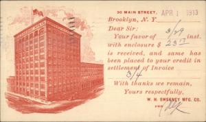 Brooklyn NY WH Sweeneyy Mfg Co c1910 Illustrated Gov't Postal Card
