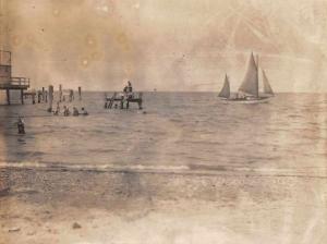 Old Beach People Swimming Sailboat Real Photo Antique Non Postcard Back J78090