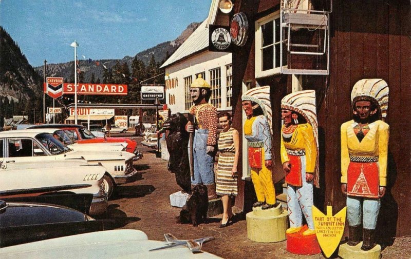 SUMMIT INN Snoqualmie WA Wood Indians Roadside Gas Station '50s Vintage Postcard 