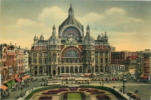Postcard Belgium Antwerp Anvers central train station tram trolley clock facade