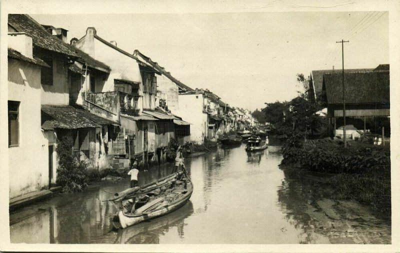 indonesia, JAVA BATAVIA, Water Scene with Boats and Houses (1920s) RPPC Postcard 