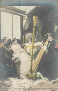 Harpist audition Salon 1901 fine art postcard correspondance Temesvar Romania