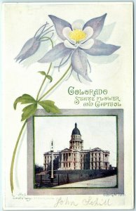 1907 Colorado State Flower & Capitol Litho Photo Postcard St Joseph & Co RPO A33