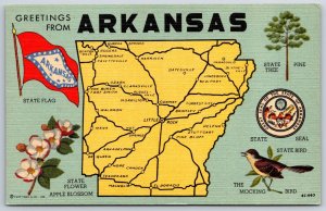 State Map~Greetings From Arkansas~Batesville~Brinkley~Camden~Linen Postcard